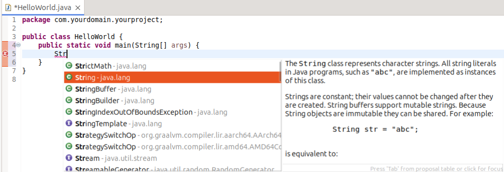 Content assist completing the class name String
