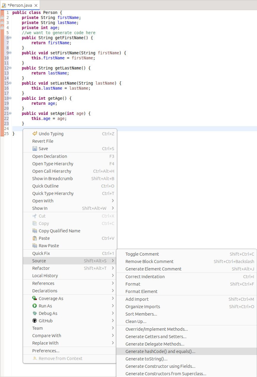 Generate hashCode and equals