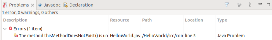 Problems view showing an error