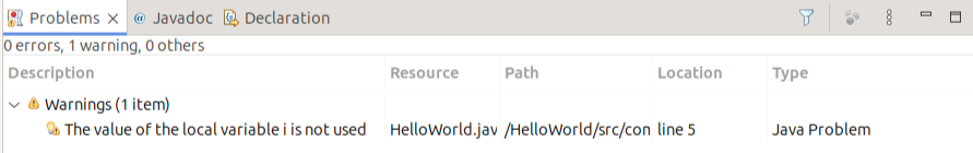 Problems view showing a warning
